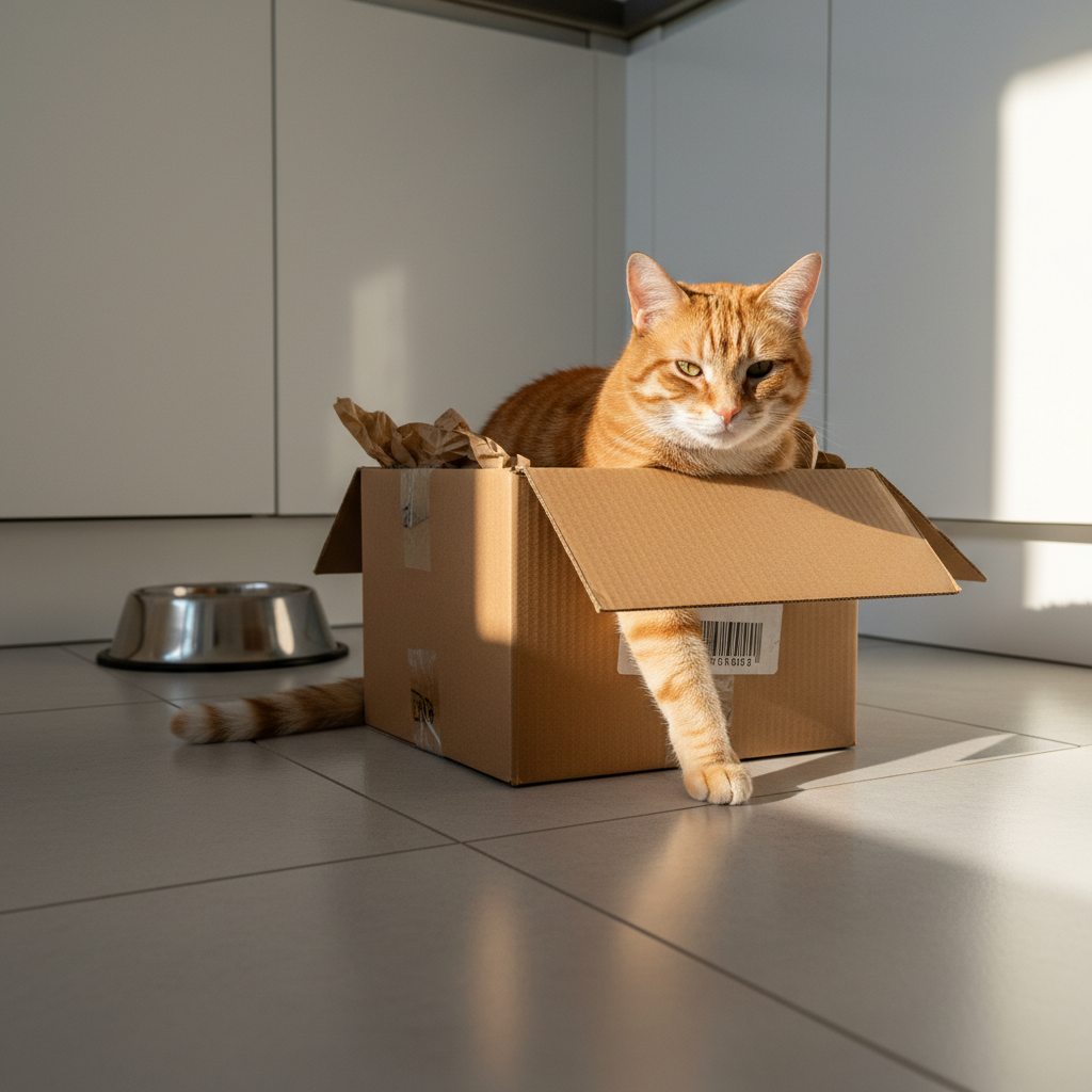 Fanta, the ginger tabby, sits proudly inside a slightly too-small cardboard box in the middle of a bright kitchen floor, his tail spilling over the edge and one paw draped outside as if claiming territory. The box has faint shipping labels and a bit of crinkled brown paper inside. Surrounding him is a clean, modern kitchen with white cabinets, light gray tile, and a stainless steel water bowl nearby. Late morning light filters through a window, casting soft, directional light that highlights the texture of Fanta’s fur and the corrugated cardboard, with gentle shadows stretching across the floor. Photographic realism with a low, cat-eye perspective and rule-of-thirds composition, giving the scene a humorous, playful, and endearingly stubborn mood.