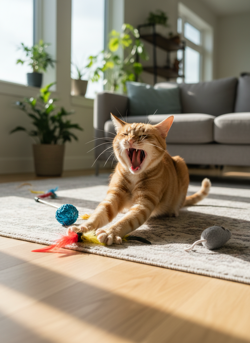 Fanta, a sleek ginger tabby cat with faint stripes and a curious expression, stretches mid-yawn on a sunlit living room rug. His whiskers fan forward, claws slightly extended, belly fur ruffled. Around him, colorful cat toys—feather wand, crinkly ball, and a small plush mouse—are scattered casually. The setting is a bright, modern living room with light wood floors, a low gray sofa, and potted greenery in the background. Warm afternoon sunlight streams through large windows, casting long, playful shadows and creating a cozy, lived-in atmosphere. Photographic realism from a slightly elevated three-quarter angle, emphasizing Fanta’s full body and the activity around him, with vibrant but natural colors and a relaxed, playful mood.