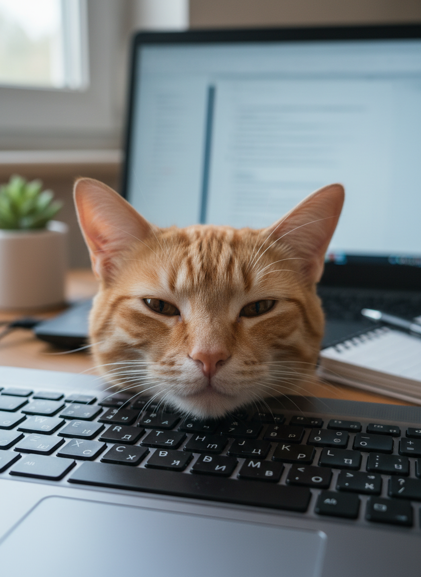 Close-up of Fanta’s face, a ginger tabby cat with soft, short fur and distinctive darker stripes on his forehead, resting his chin on the edge of a laptop keyboard. The glossy black keys are in sharp focus near his whiskers, while the screen glows softly out of focus in the background. He looks slightly sleepy yet content, half-closed amber eyes catching cool daylight from a nearby window. The setting is a tidy home workspace with a wooden desk, a small succulent, and a notebook faintly visible in the blurred background. Photographic realism, shot at a shallow depth of field and eye level, creating an intimate, playful “cat blogging” atmosphere with gentle, diffused natural light and a cozy, focused mood.