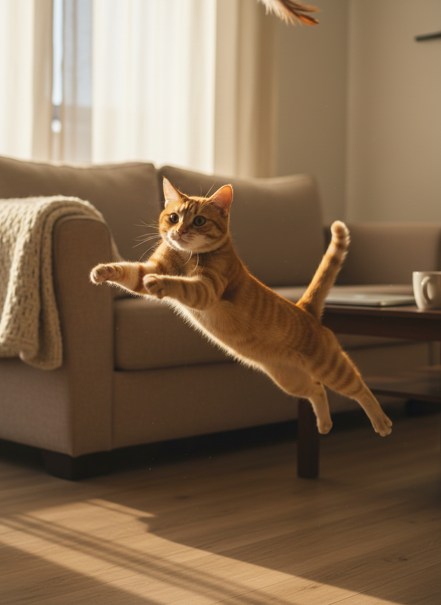 A high-energy action shot of Fanta, the orange tabby, mid-leap from a beige fabric sofa toward a dangling feather toy just outside the top edge of the frame. His body is elongated, back legs extended, ears alert, and eyes wide with focus. The cozy living room setting includes a textured knit blanket draped on the sofa arm and a low wooden coffee table with a closed laptop and mug in the blurred background. Golden hour sunlight streams through sheer curtains, creating a warm glow, rim light along his fur, and dynamic shadows on the floor. Photographic realism, captured with a fast shutter feel and shallow depth of field, emphasizing motion and playful energy while keeping Fanta in crisp focus against a softly blurred, inviting home environment.